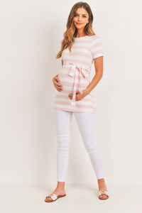 Hello Miz Striped Waist Belt Maternity Top - Pink Stripe