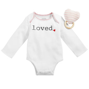 Mudpie Loved onesie and rattle gift set