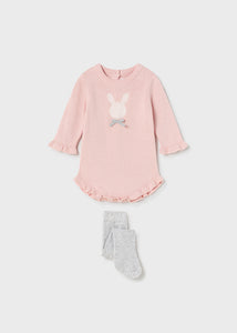 Mayoral Long Sleeve Knit Romper with Tights- Baby Rose 2638